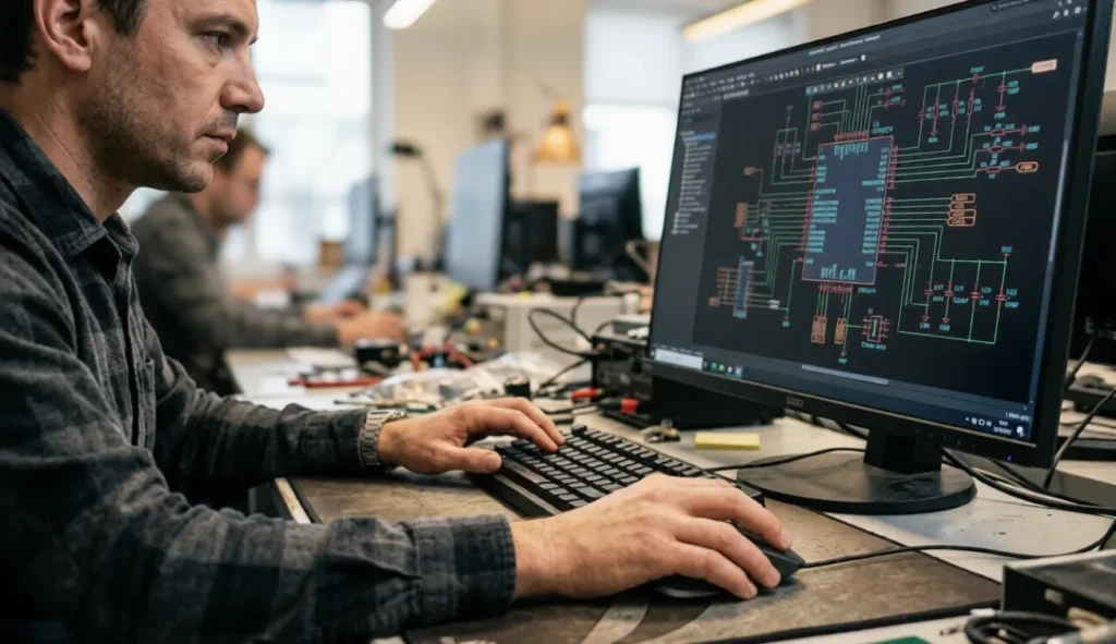 Electronics engineer working on PCB design schematic on computer screen in modern office