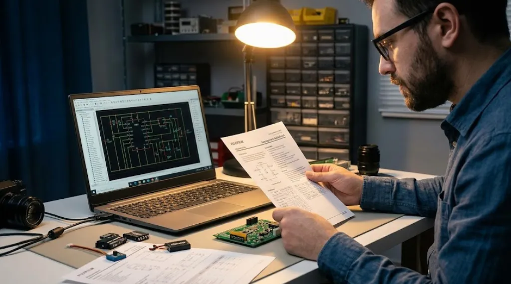 electronics engineer selecting right lithium ion battery protection circuit reviewing datasheet and PCB schematic