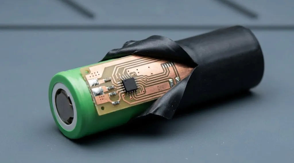 18650 battery cell with lithium ion battery protection circuit board visible under peeled heat-shrink sleeve