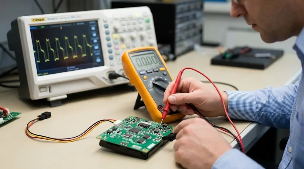 engineer testing lithium ion battery protection circuit with multimeter and oscilloscope in lab