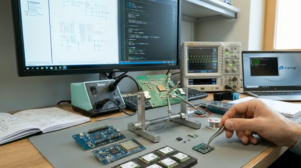 BLE vs Bluetooth Classic Difference shown with IoT modules on PCB in engineering lab