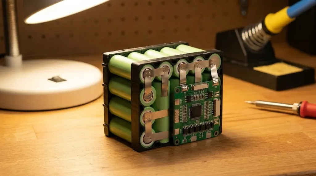 4S 18650 lithium ion battery pack with BMS protection board showing cell balancing circuit and nickel strip welds