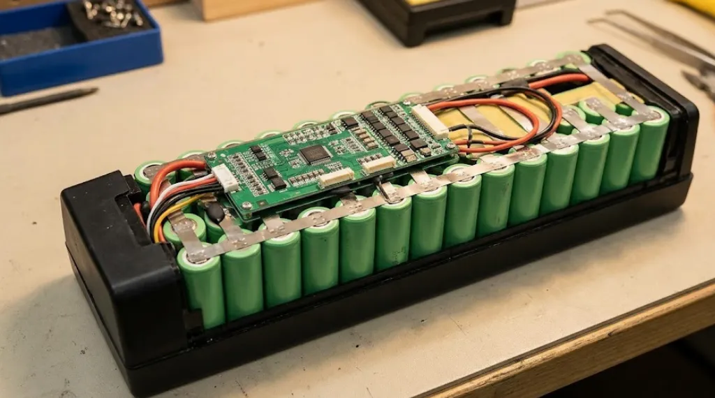 e-bike lithium ion battery pack opened showing internal BMS protection board 18650 cells and NTC thermistors