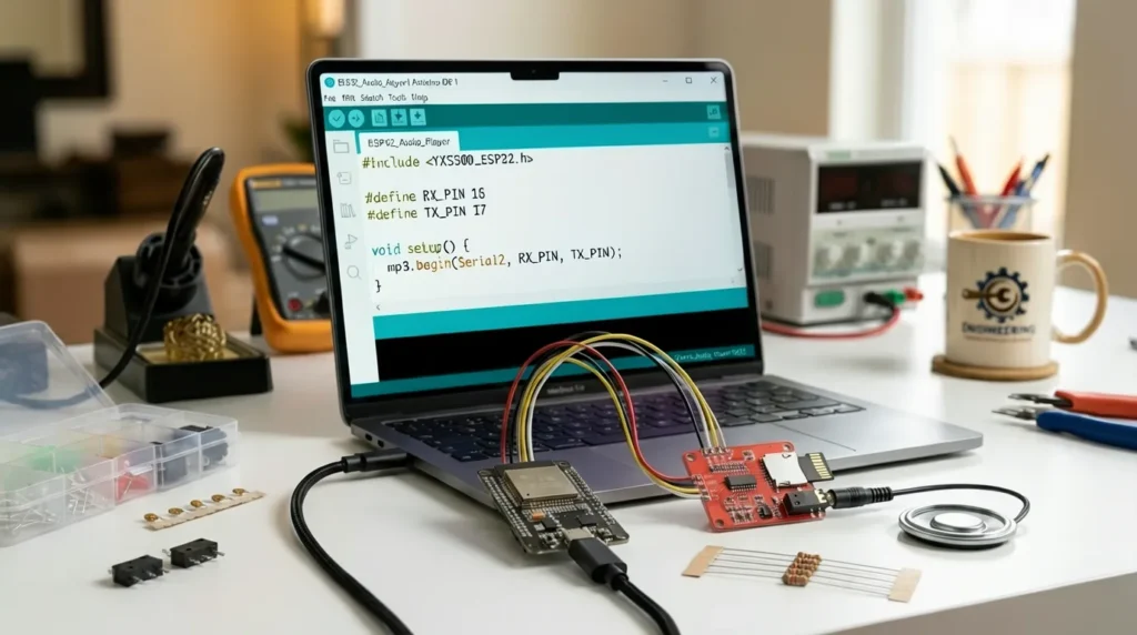 Laptop showing Arduino IDE code for ESP32 audio playback project