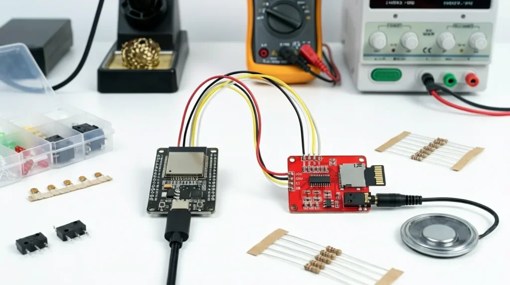 Electronic components layout for ESP32 audio player circuit design