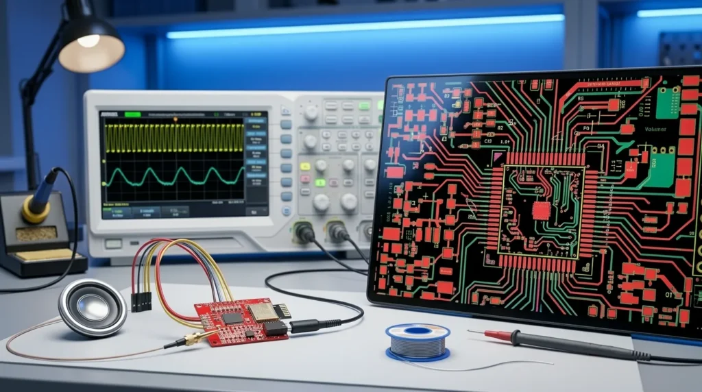 Optimized PCB and oscilloscope testing for ESP32 audio system performance