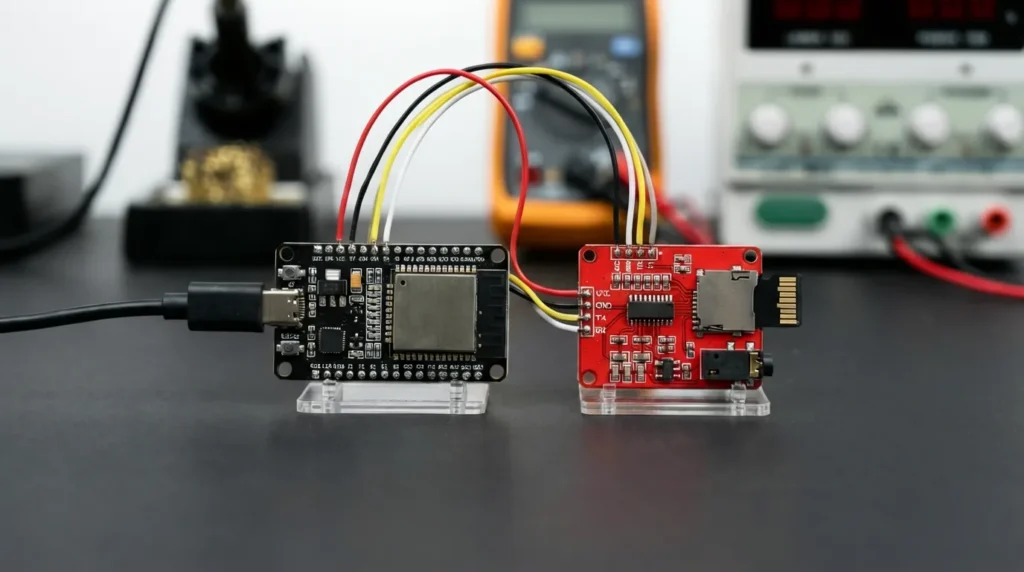 Close-up ESP32 connected to YX5300 MP3 module via UART serial communication