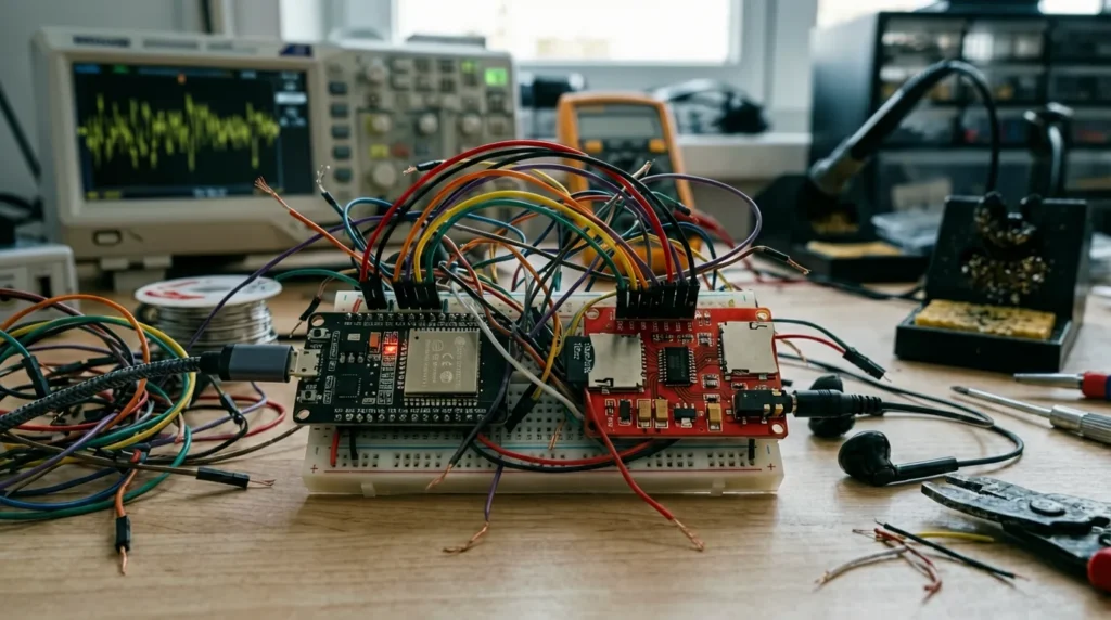 Messy ESP32 embedded audio prototype showing wiring and circuit issues