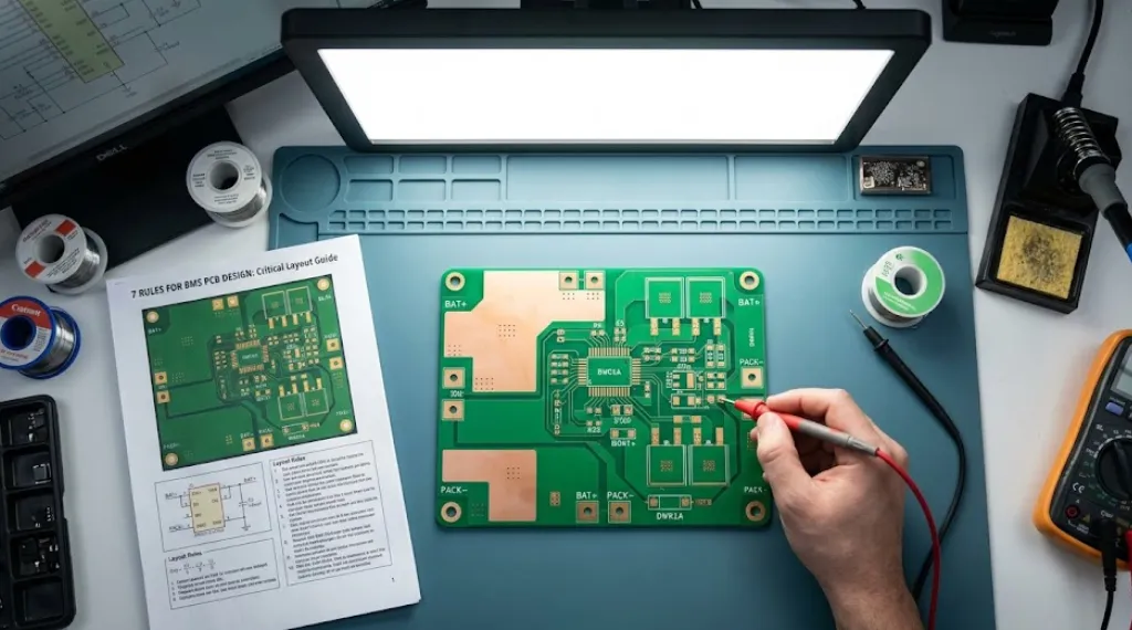 battery protection PCB design layout showing copper traces power path and test probe points