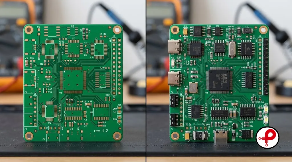 Split-frame comparison of a bare unpopulated green PCB on the left versus a fully assembled PCB with SMD components on the right
