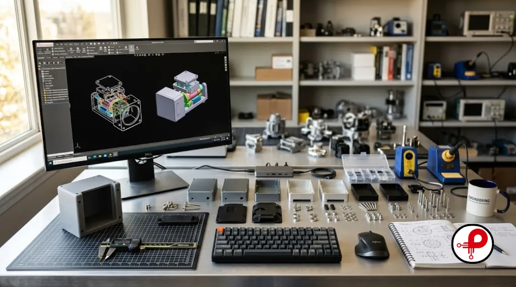 Industrial product design engineering workspace showing a CAD display, precision mechanical parts, a 3D-printed enclosure prototype, and digital calipers on an engineering desk