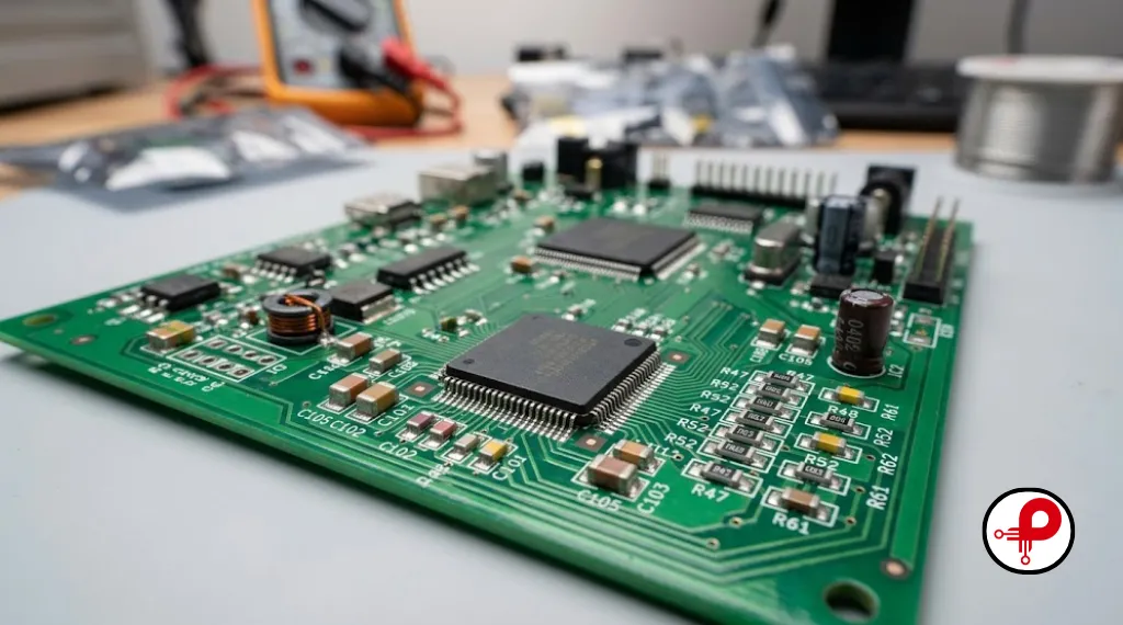 electronic product design process shown on a detailed circuit board