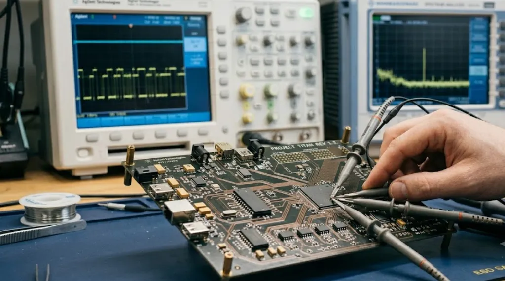 Ultra-realistic PCB close-up with oscilloscope waveform in RF lab showing How to Minimize EMI in 4-Layer PCB Layout testing setup.