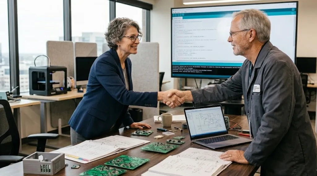 Two engineers shaking hands over PCB prototypes at an electronic product development company meeting