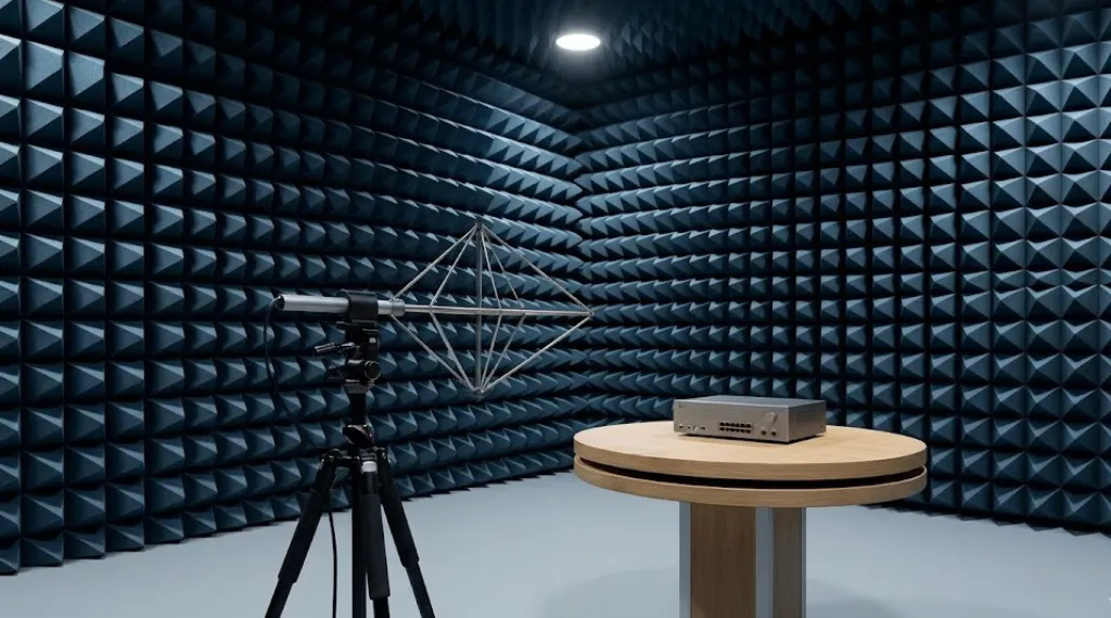 Electromagnetic compatibility testing laboratory with anechoic chamber covered in RF absorber foam tiles and biconical antenna on tripod
