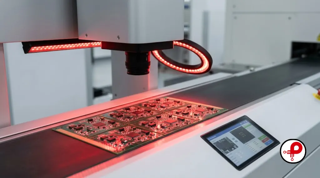 hardware quality assurance — automated optical inspection machine scanning PCB panel