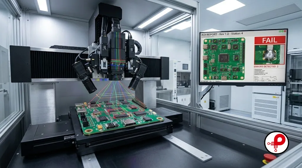 Automated Optical Inspection machine scanning a completed PCB assembly with multiple camera heads and colorful inspection overlay lines
