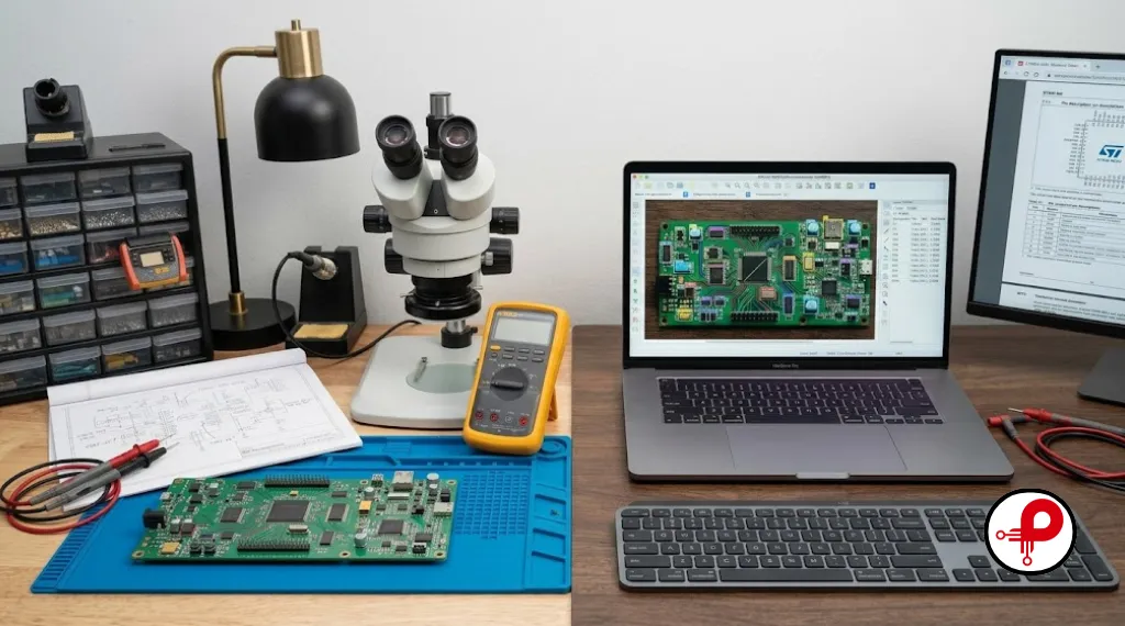 Side-by-side view of a manual PCB reverse engineering workbench with tools and a laptop running AI circuit analysis software
