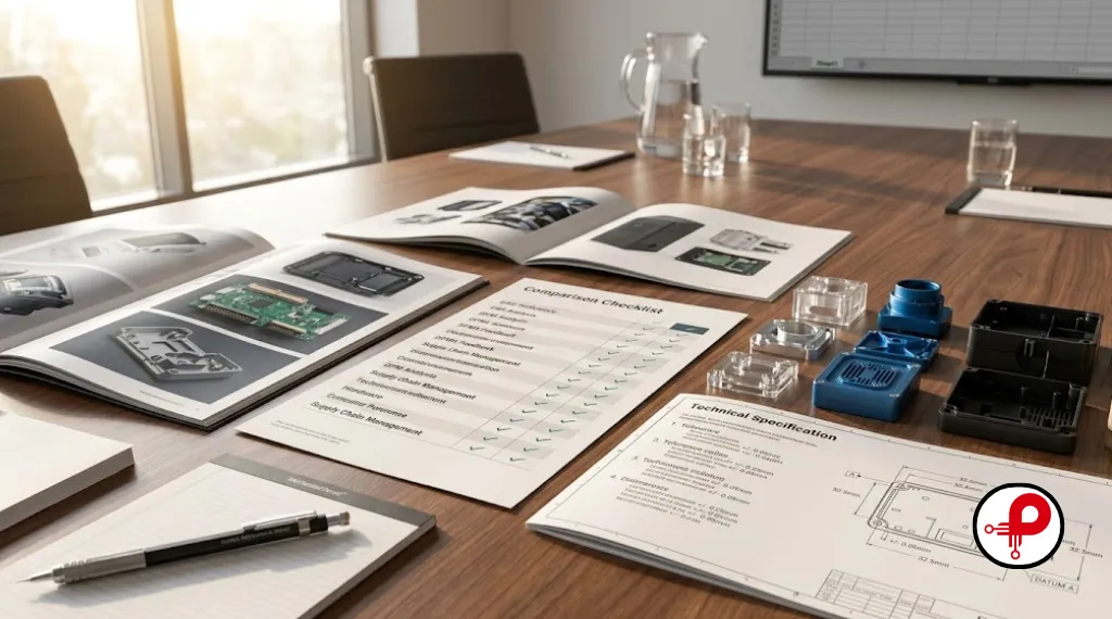A clean conference table with engineering evaluation materials: open industrial hardware product portfolios, a printed DFM checklist, technical specification documents with tolerance callouts, and prototype parts — representing the process of choosing a product design engineering company