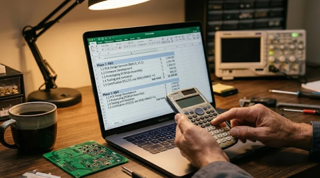Engineer reviewing electronic product development cost spreadsheet and budget on laptop at desk