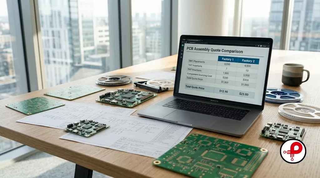 Office table covered with PCB samples, technical drawings, component reels, and a laptop showing a PCB assembly quote screen
