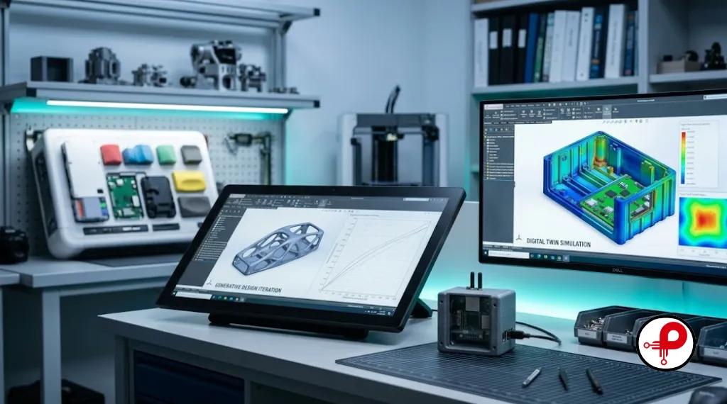 A modern product design lab with a touchscreen showing generative AI design iteration geometry, a small IoT sensor prototype, a digital twin simulation on a secondary monitor, and a modular product concept laid out on a white surface — showing 2025 trends in industrial product design engineering