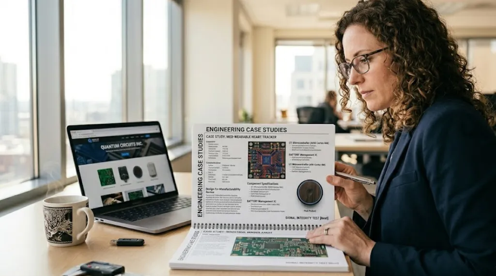 Product manager reviewing an electronic product development company portfolio binder and case studies