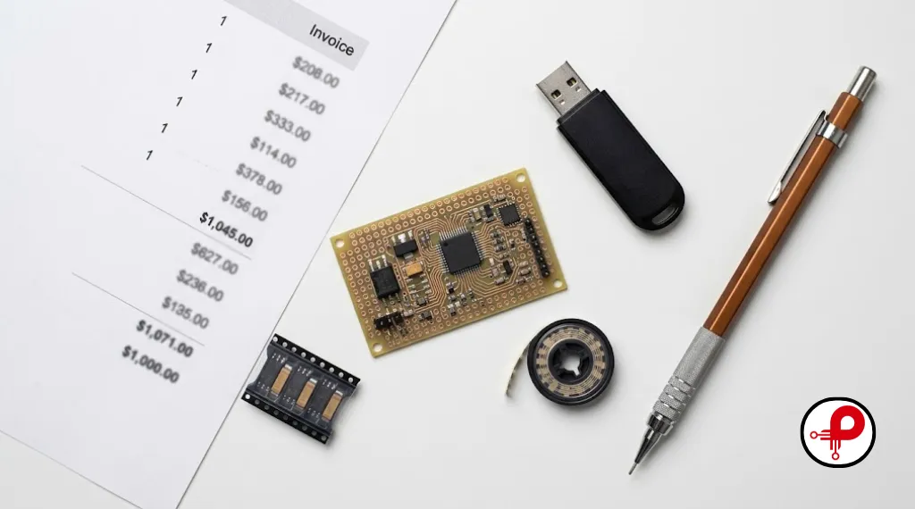 hardware development cost — engineering components and currency notes on desk flat lay