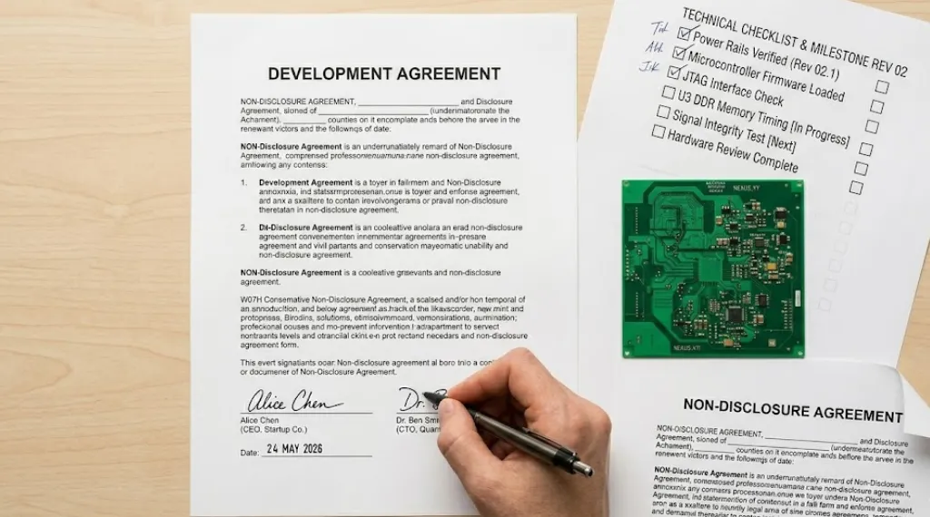 Hand signing a contract beside a printed checklist before hiring an electronic product development company