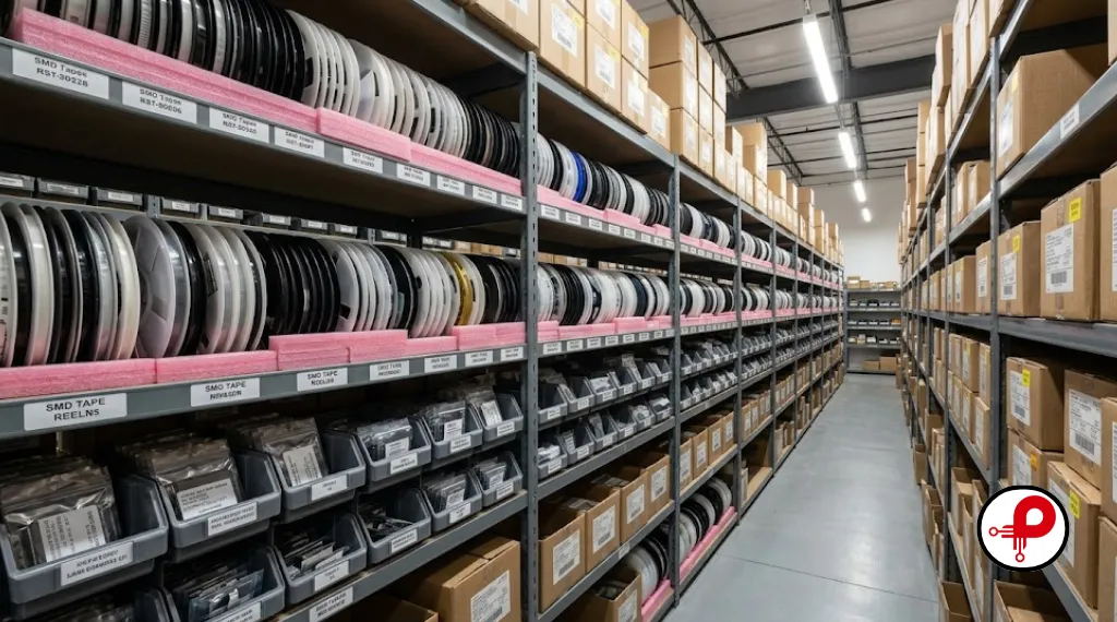 electronics mass production — warehouse shelves with component reels and boxed PCB inventory