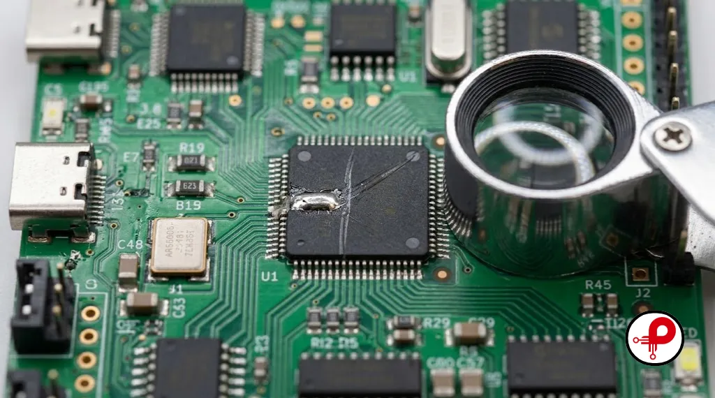 Macro close-up of a PCB solder bridge defect between two fine-pitch IC pads under bright LED ring light with a jeweler's loupe beside it
