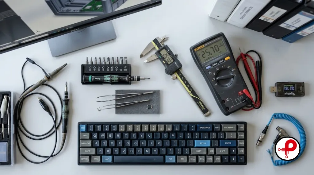 Overhead flat-lay of professional engineering tools on a white surface including digital calipers, a multimeter, oscilloscope probes, a precision torque screwdriver set, PCB rework tweezers, a USB current meter, and an ESD wrist strap — representing the essential toolkit for industrial product design engineers