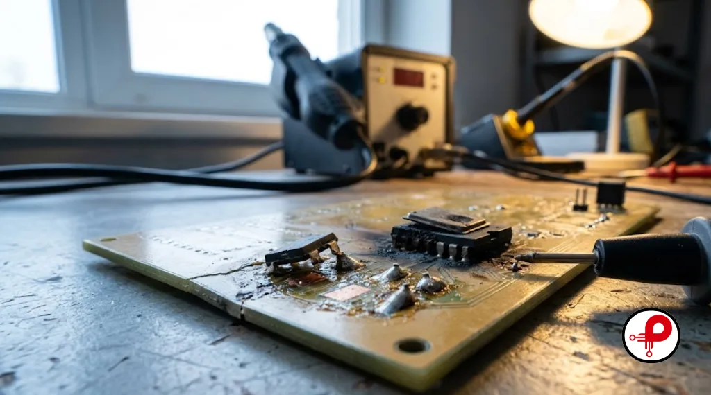 hardware development mistakes — cracked PCB and failed prototype components on workbench