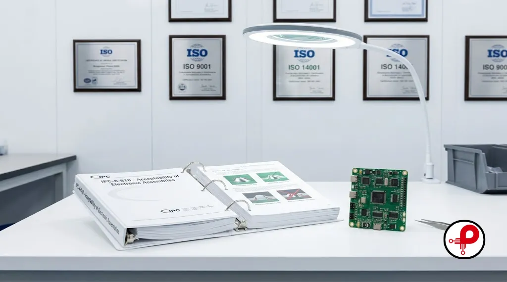 IPC-A-610 standards binder placed beside a fully assembled PCB under a bright inspection light with ISO certification plaques on the wall behind
