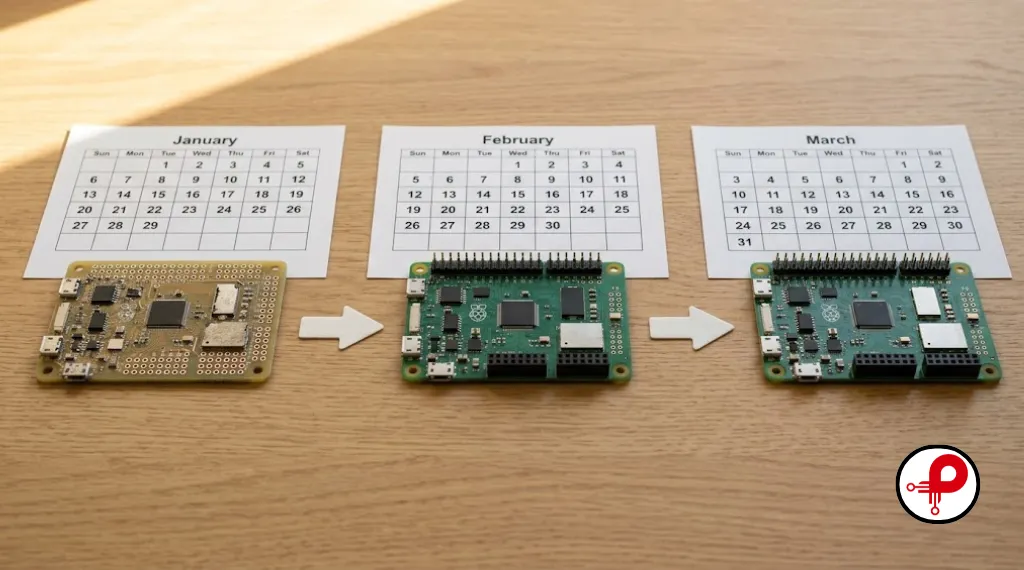 hardware development timeline — calendar pages and prototype boards arranged chronologically