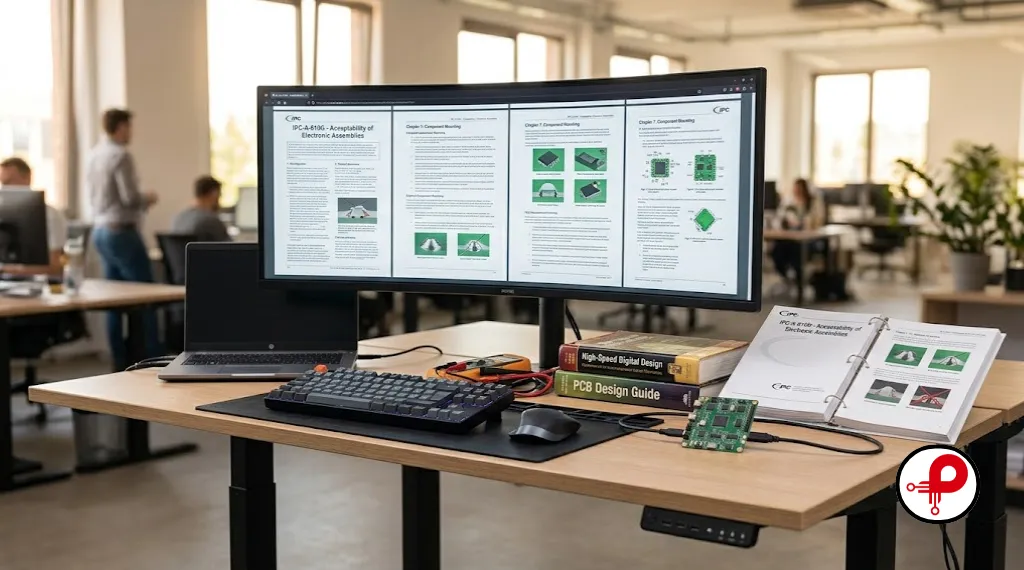 Standing desk with a large curved monitor showing IPC standards pages, PCB design reference books, and a populated PCB development board
