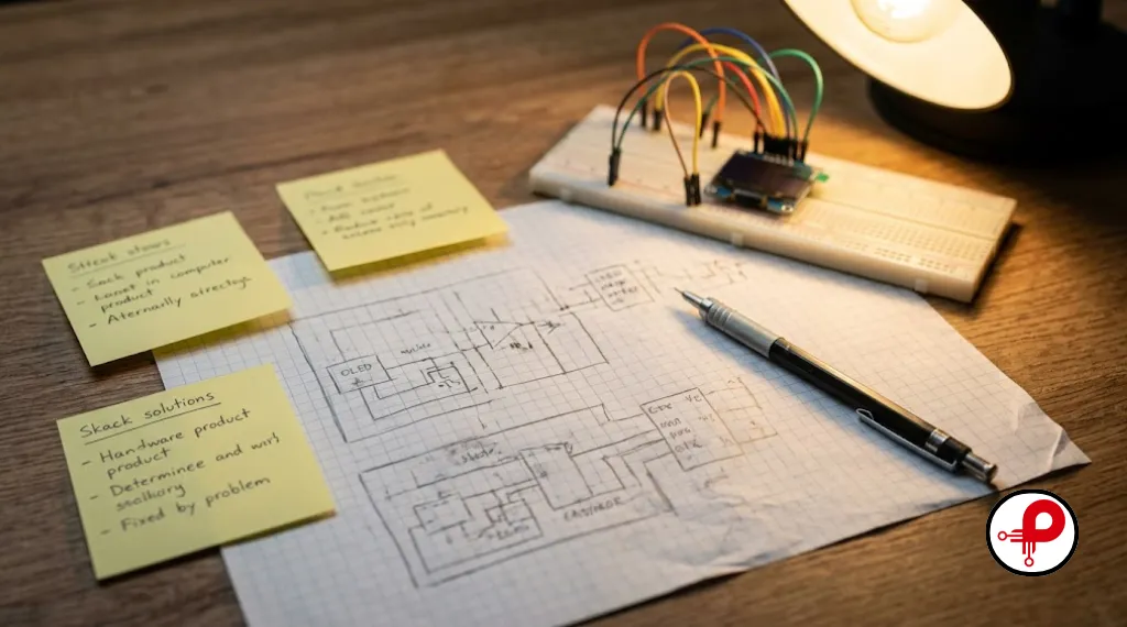 hardware product validation — paper sketches and sticky notes next to electronic breadboard