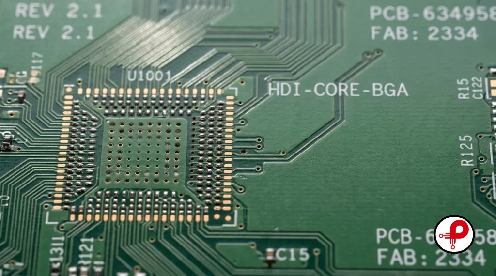Extreme macro close-up of HDI PCB showing laser-drilled microvias and ultra-fine copper traces representing modern PCB design trends