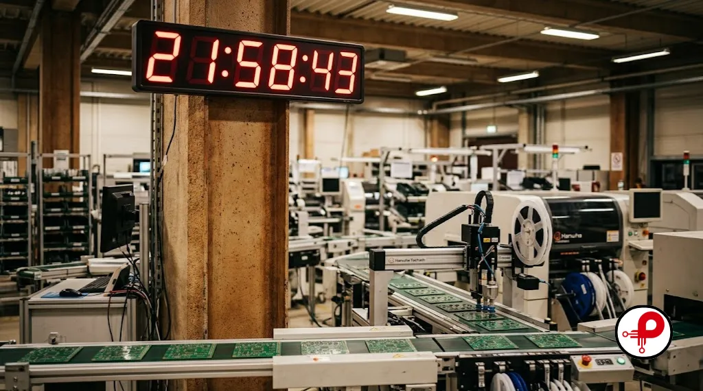 PCB production line conveyor belt with pick-and-place machines and a large digital timer display on the factory wall
