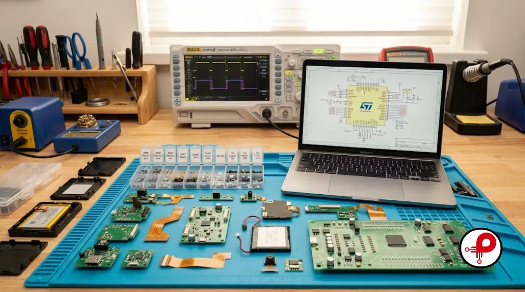 Disassembled electronic product with circuit boards and components spread across a startup engineering workbench for competitive teardown analysis