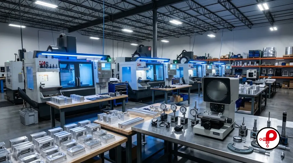 CNC machining centers and precision-machined aluminum components on a clean stainless workbench inside a modern product engineering manufacturing facility
