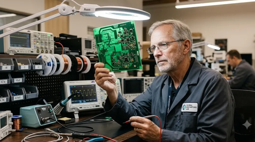 Engineer inspecting a multilayer PCB circuit board in an electronic product development company lab