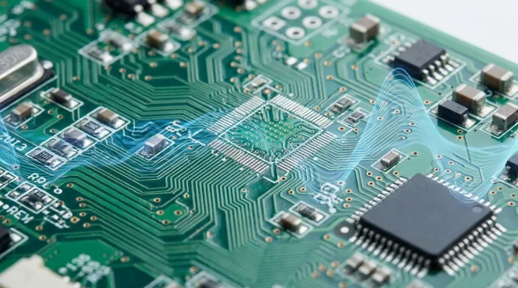 Electromagnetic compatibility testing close up of green printed circuit board with copper traces SMD components and capacitors