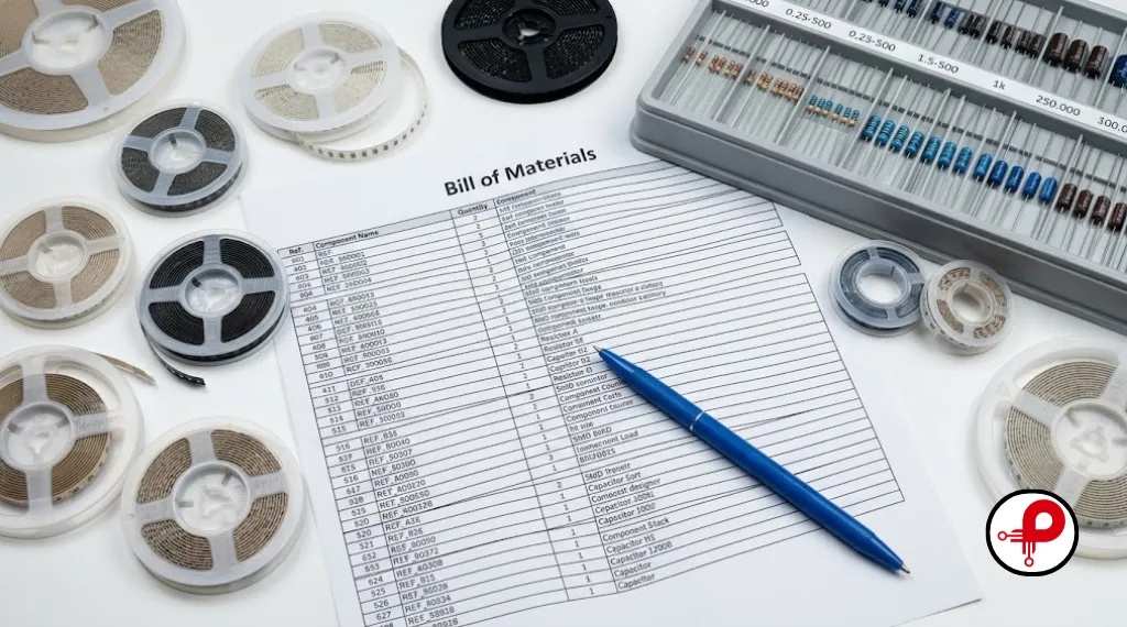 hardware bill of materials — component reels and printed BOM spreadsheet on desk