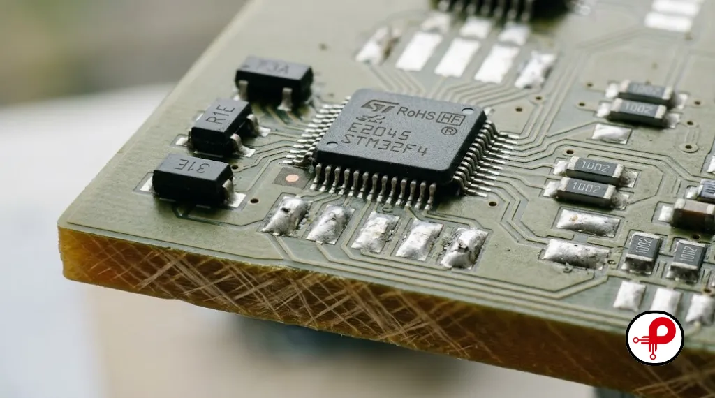 Macro close-up of a halogen-free eco-friendly PCB with natural green substrate texture representing sustainable PCB design trends shaping the electronics manufacturing industry in 2026