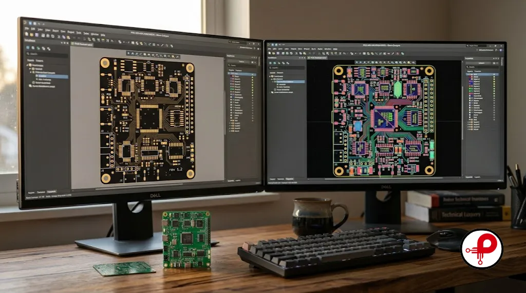 Dual-monitor workstation displaying PCB layout software with colorful circuit traces and a physical green PCB prototype on the desk
