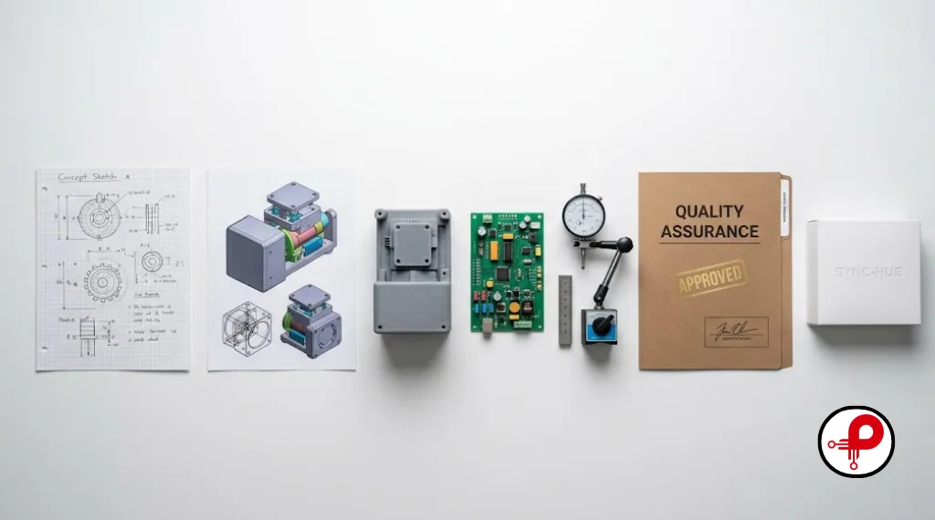 Flat-lay of seven engineering items representing the industrial product design process: sketch, CAD print, 3D-printed enclosure, PCB, dial gauge, certification folder, and finished product box arranged in sequence on a white surface