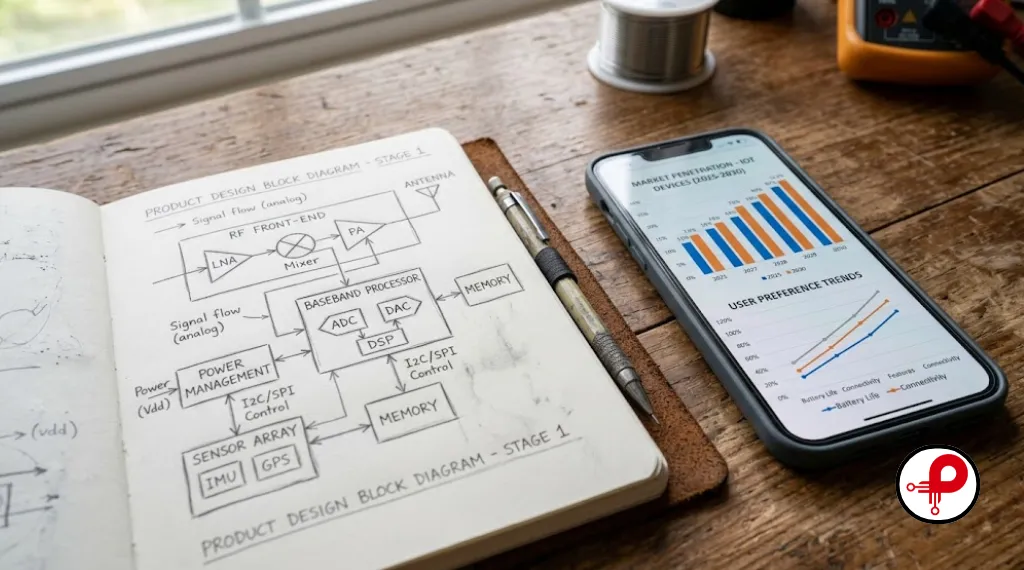 market research and concept sketch for electronic product design