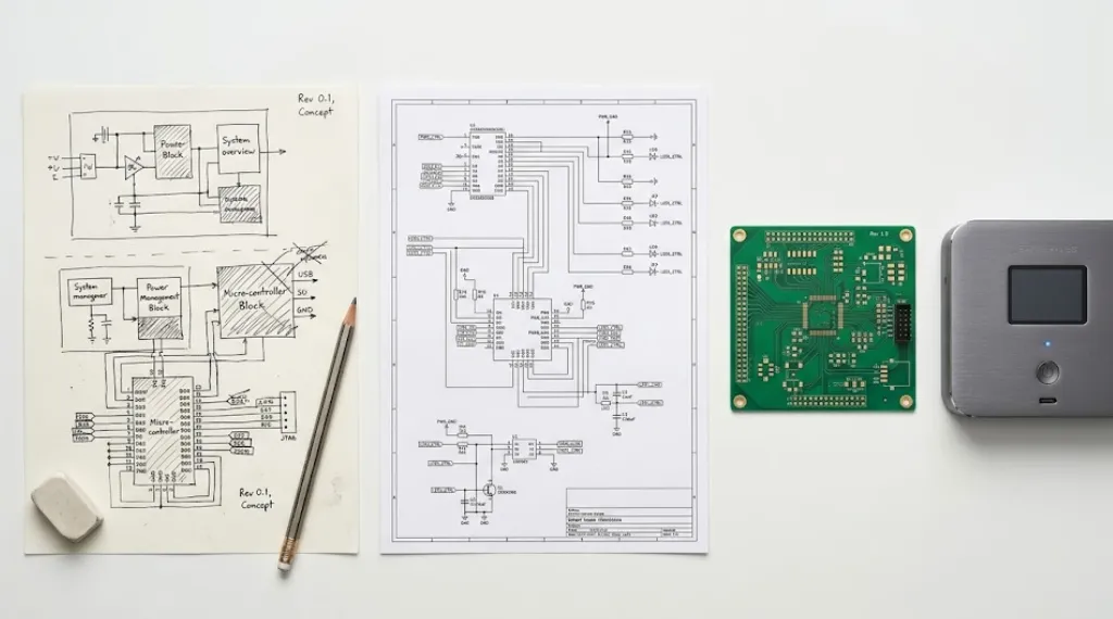 Flat lay showing the full electronic product development process from sketch to PCB to finished device