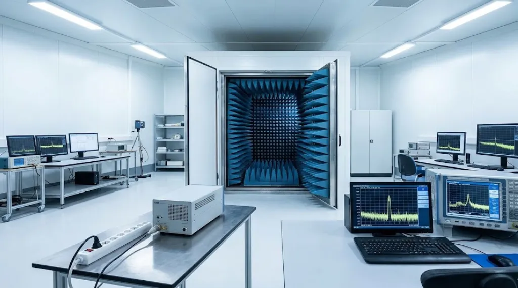Electromagnetic compatibility testing EMC laboratory showing semi-anechoic chamber LISN unit and spectrum analyzer frequency graphs